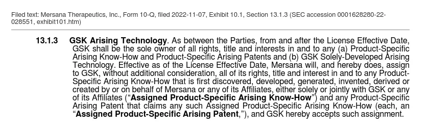 The filed text of Section 13.1.3 of the GSK–Mersana agreement, under which GSK owns product-specific arising technology and Mersana assigns it to GSK.