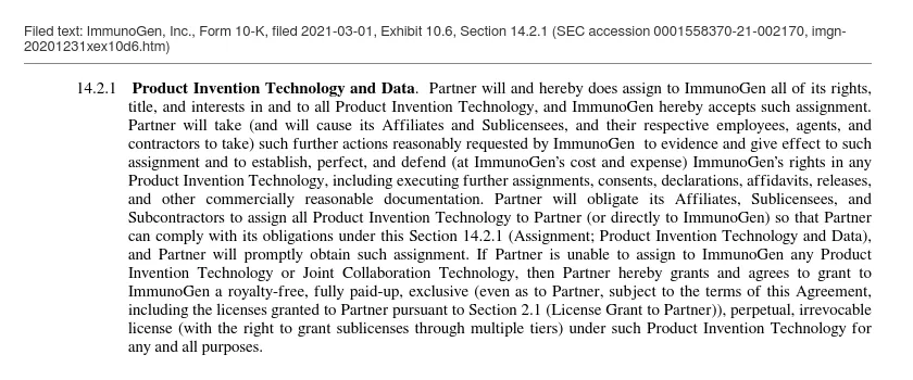 The filed text of Section 14.2.1 of the ImmunoGen–Hangzhou Zhongmei agreement, in which the partner assigns Product Invention Technology to ImmunoGen.