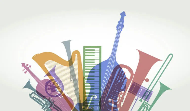 Overlapping translucent silhouettes of orchestral instruments, including a harp, double bass, keyboard, violin, tuba and trombone, in muted colors against a pale background.