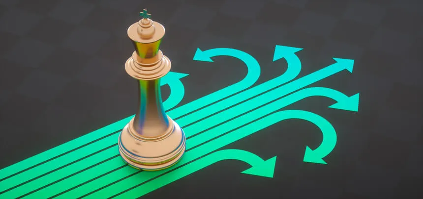 A gold chess piece on a dark board above green arrows branching in several directions.