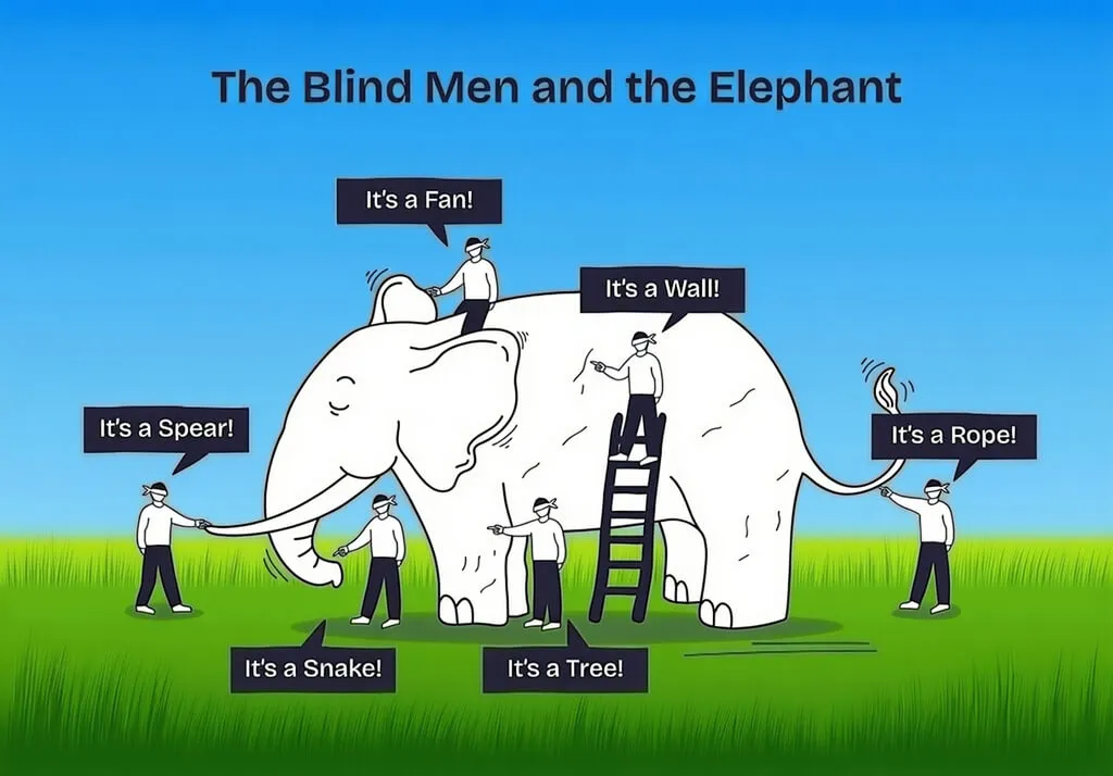 Illustration of six blind men with an elephant