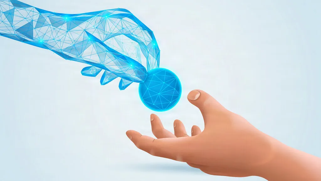A blue wireframe hand passes a glowing blue sphere to an open human hand.