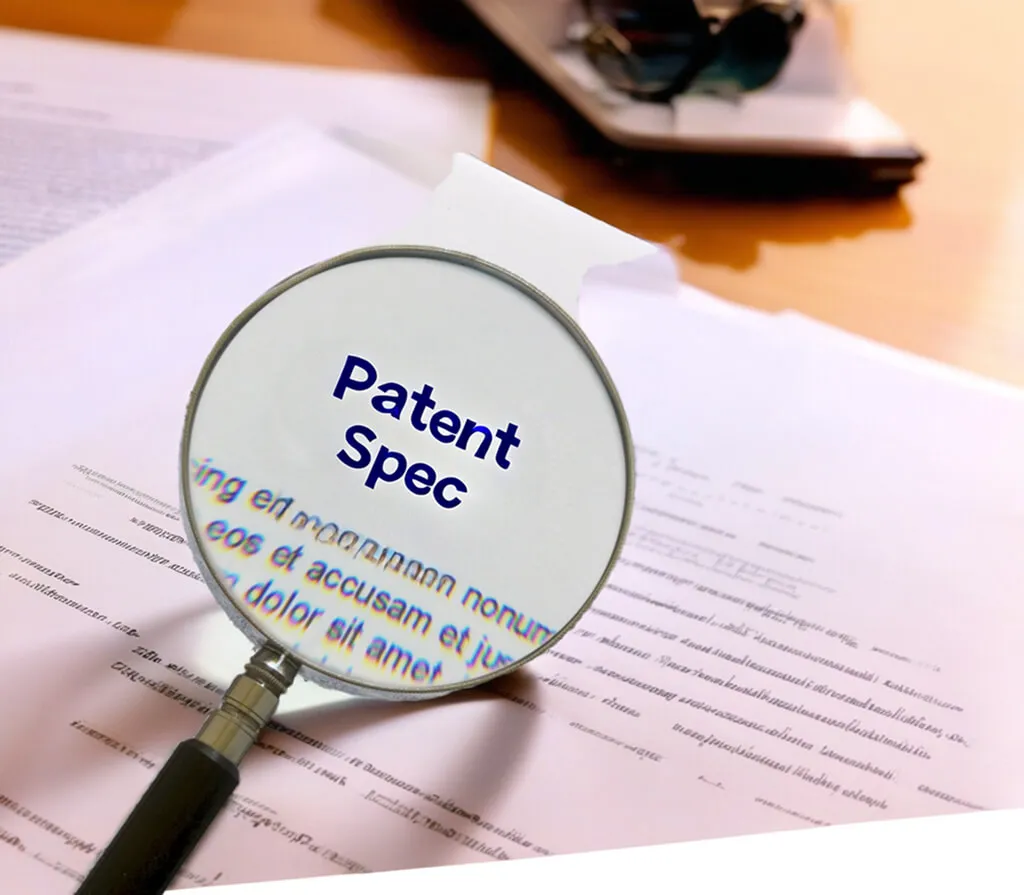 A magnifying glass focused on the text Patent Spec
